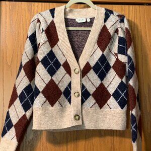 Evereve Sleeve Checked V-neck Cardigan Size S